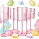 Ciaell 12 PCS Pink Plastic Ribbed Wine Glasses - 10 OZ Plastic Square Wine Glasses with Stem - Disposable Champagne Cups for Parties & Weddings & Easter