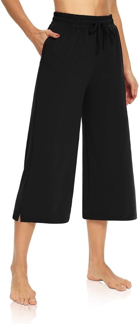 DIBAOLONG Womens Capri Pants Wide Leg Crop Pants Loose Comfy Drawstring Lounge Pajama Yoga Capris for Women with Pockets, Small
