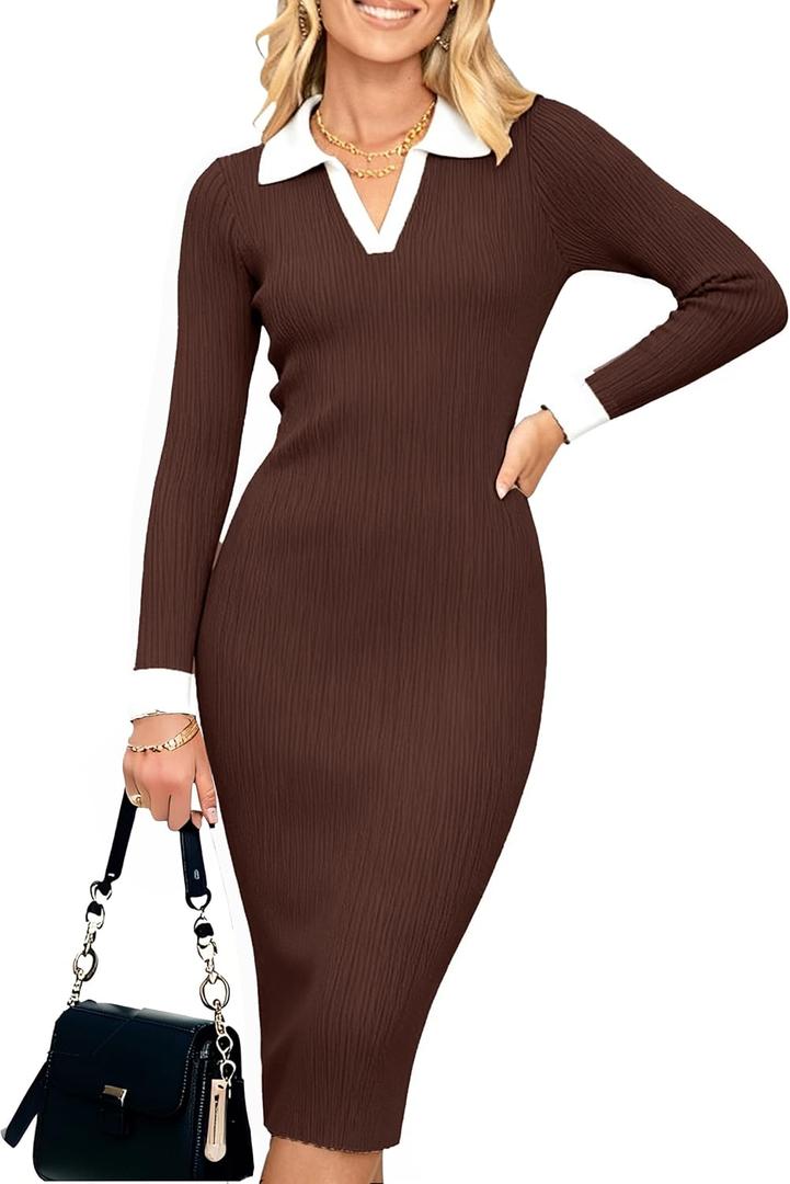 Simplee Womens Long Sleeve Sweater Midi Dress V Neck Casual Slim Fit Bodycon Knit Ribbed Slit Long Dress for Fall Winter (Small, Brown)