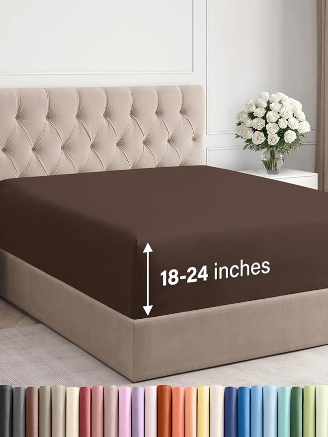 Extra Deep Cal King Fitted Sheet - Hotel Luxury Single Fitted Sheet Only - Easily Fits 18 inch to 24 inch Mattress - Ultra Soft, Wrinkle & Fade Free w/Extra Deep Pockets - Breathable & Comfy - Brown Extra Deep Cal King Fitted Sheet - Hotel Luxury Single Fitted Sheet Only - Easily Fits 18 inch to 24 inch Mattress - Ultra Soft, Wrinkle & Fade Free w/Extra Deep Pockets - Breathable & Comfy - Brown