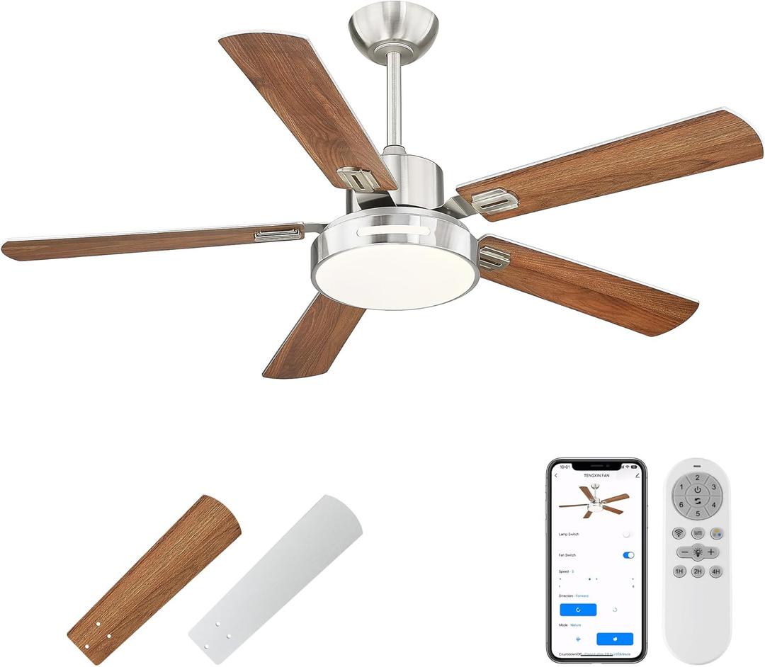 TENGXIN 52 Inch Farmhouse Ceiling Fans With Lights and Remote Control, Brushed Nickel Fandelier with 5 Reversible Blades,6 Speeds, Ultra Silent, APP Control,TXCF-BN002