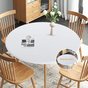 Obstal Fitted Round Table Cloth, Reversible Waterproof Stain Resistant Elastic Stretch Tablecloth, Wipe Clean Table Cover for Outdoor/Indoor Use, Fits Round Tables up to 48" - 56" Diameter, White