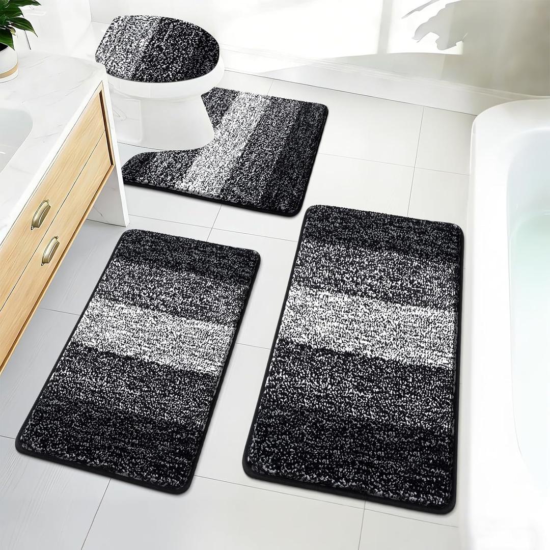Bsmathom Bathroom Rugs Sets 4 Piece with Toilet Cover, Soft Absorbent Bath Mats Non-Slip Machine Washable Bath Rugs Set with U-Shaped Contour Toilet Mat for Bathroom Tub, Shower, Black
