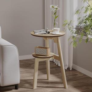 ChooChoo Round End Table for Small Spaces, Narrow Side Table, Accent Table Night Stand with 2 Tier Shelf for Bedroom and Living Room, Natural ChooChoo Round End Table for Small Spaces, Narrow Side Table, Accent Table Night Stand with 2 Tier Shelf for Bedroom and Living Room, Natural
