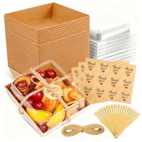 JPPSUJJ 50 Pack Charcuterie Boxes with Clear Lids, Paper Disposable To Go Small Food Containers, 5 Inch Dessert Boxes for Sandwich, Cookie, Cake Slice, Strawberries (Brown)
