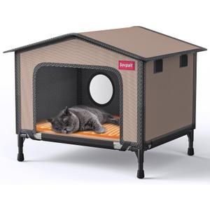 SOVPAIT Outdoor Heated cat House with Heating pad and Escape Door, Waterproof and Warm Stray cat House, Suitable for Indoor, Outdoor, Winter, and Summer (Brown, L24*19 * 17)