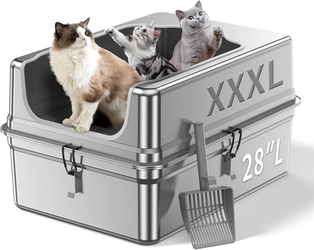 Jotesnew XXXL Stainless Steel Litter Box,28" L*20" W*12.5" H Large Capacity Metal Cat Litter Box for Big & Multiple Cats,Anti-Leakage,Non-Stick Surface for Easy Cleaning,Odor-Resistant