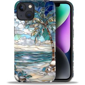 Case for iPhone 13 iPhone 14, Hybrid Heavy Duty 2 in 1,PC Hard Shell & Silicone Inner Bumper, Anti-Scratch Full-Body Cover Shockproof Slim Design Case - Beach Palm Tree