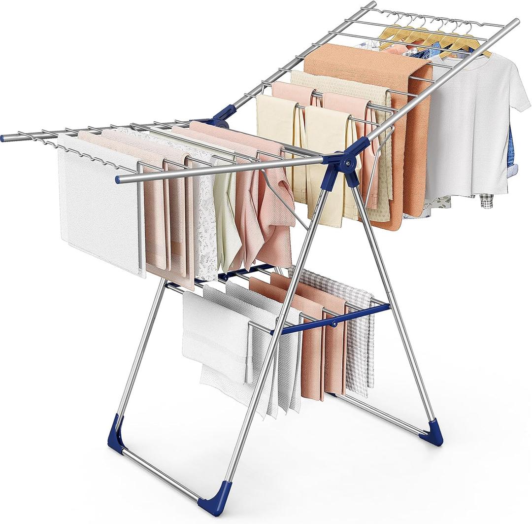 Sakugi Clothes Drying Rack with Height-Adjustable Wings, Metal Foldable Laundry Dryer Stand for Clothing & Bedding, Free-Standing Collapsible for Indoor & Outdoor Use, 55.5" L × 22.8" W, Silver Blue, Large