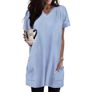 KISSMODA Woman Lightweight Dress with Hood Short Summer Pullovers with Pockets Long Tunics Top for Leggings Small, C-stripe-blue