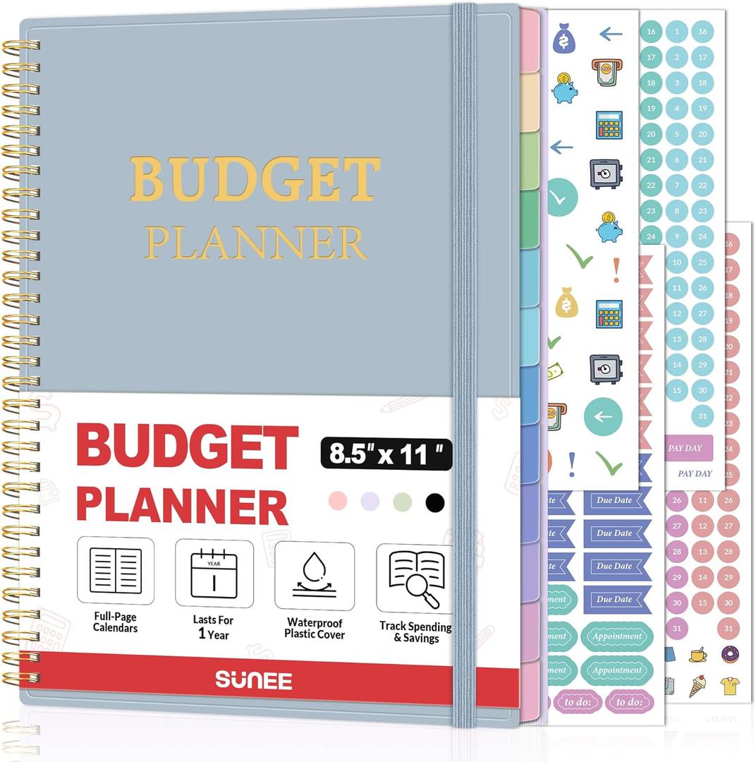 SUNEE Budget Planner - Monthly Budget Book with Expense Tracker Notebook, A4(8.5" x 11") Undated 12 Month Bill Organizer & Finance Planner to Manage Your Money, Account Book with Colorful Tab, Blue