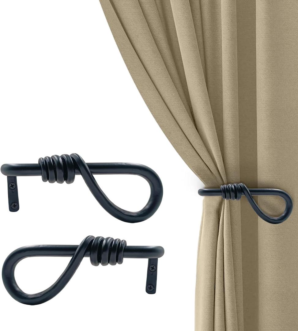 THDC Sturdy Wrought Iron Wall Mounted Curtain Holdbacks (Pack of 2) - Curtain Holders for Living Room, Bedroom, Kitchen, Office (Tie Back Knot Loop)