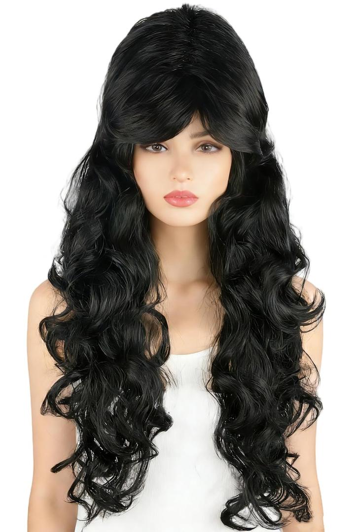 Women's Long Wavy Wig Black Big Curls with Bangs Beehive Style Wigs for Halloween Cosplay Costume Drag Queen Wig