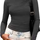 BTFBM Womens Tops 2025 Fall Clothes Long Sleeve T Shirts Boat Neck Ruched Slim Fit Casual Stretchy Going Out Outfits (Gray, M)