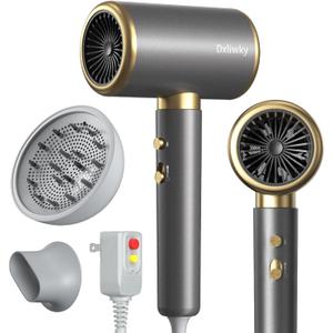 Ionic Hair Dryer with Diffuser and Concentrator, Powerful 1875W Fast-Drying Blow Dryer, Constant Temperature, Compact Lightweight Hair Dryer for Home Salon Travel (Silvery)