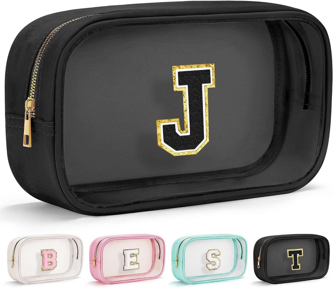 YOOLIFE Initial Travel Essentials Makeup Bag, Skin Care Clear Toiletry Bag Pouch Cosmetic Bag Case Large Makeup Bag Personalized Birthday Gifts for Women Birthday Gifts for Her Wife Black J (EXP 09/24/33)