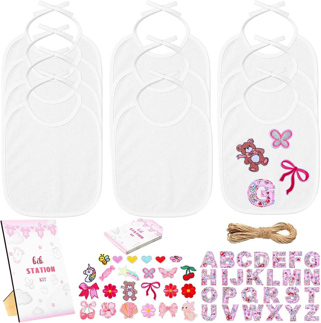 Jiuguva 72 Pcs DIY Bib Decorating Kit Baby Shower Games Set 10 DIY Blank White Bibs 50 Pink Iron on Patches Baby Shower Activity Kit for Gender Reveal Party Supplies
