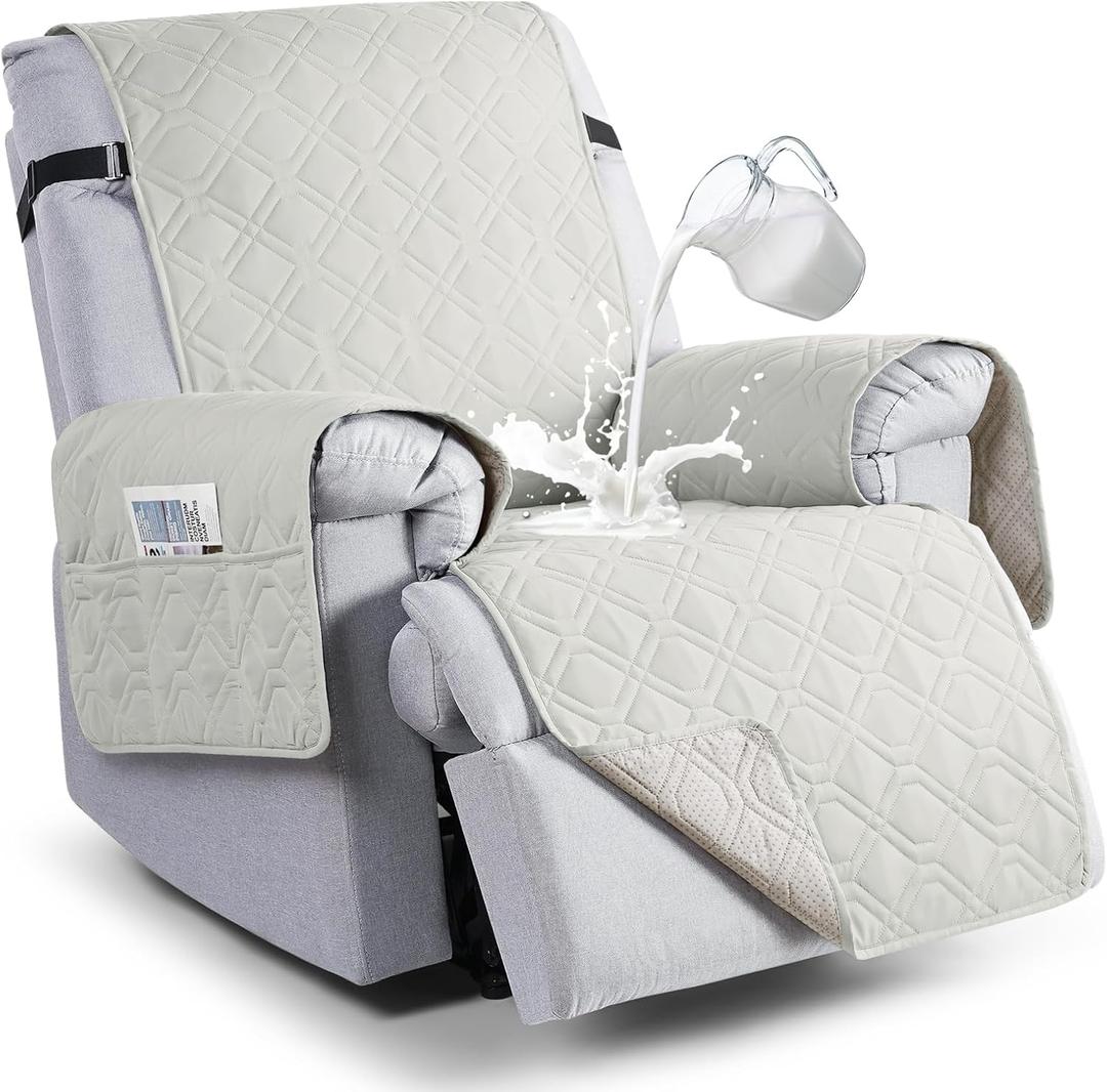 VANSOFY 100% Waterproof Recliner Chair Covers, Recliner Cover Non-Slip Dog Chair Cover Furniture Protector Washable Slipcover with Pocket, Elastic Straps for Pets, Dogs(Off White, 22")