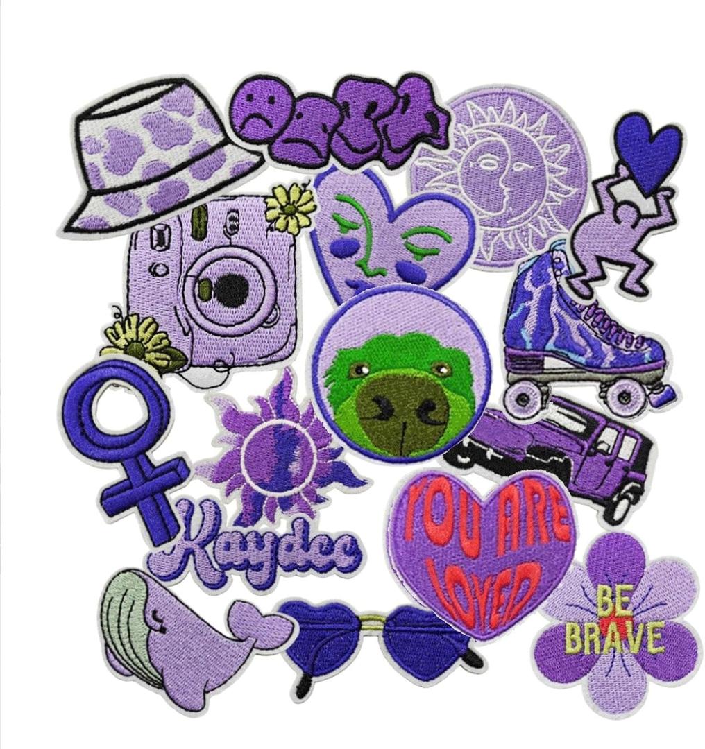 16PCS Kawaii Purple Cartoon Iron On Patches, Cute Decor Patches for Backpacks Aesthetics AppliquesEmbroidered Beach Hawaiian Sew On/Iron on Patches for Backpacks,Jeans,Jackets,Clothes DIY Craft (1.2-2.8 inches)