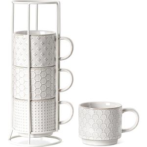 LE TAUCI Stackable Coffee Mugs Set with Stand, Ceramic Espresso Cups for Au Lait, Cappuccino,Latte,Cafe,Mocha,Tea, Suit For Housewarming Wedding- 8 oz, Set of 4,Arctic white