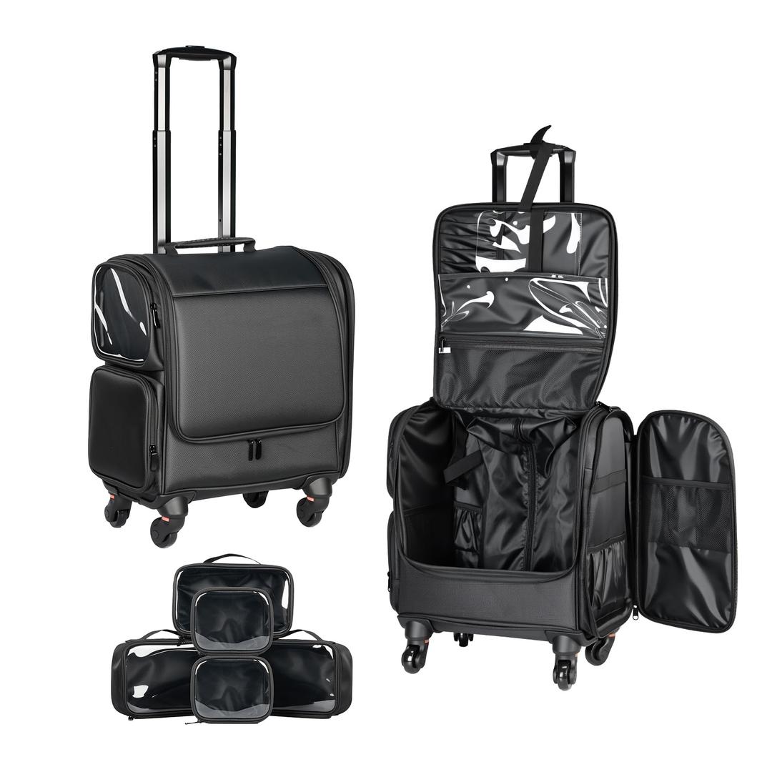 Rolling Makeup Case with Wheels, Professional Makeup Train Case with 5 Clear Makeup Bags, Large Capacity Waterproof 1080D Oxford Cosmetic Organizer for Makeup Artist, Nail Tech & Hairstylist, Black