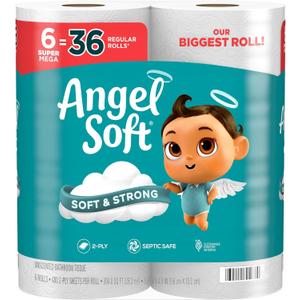 Angel Soft Toilet Paper, 6 Super Mega Rolls = 36 Regular Rolls, Soft and Strong Toilet Tissue