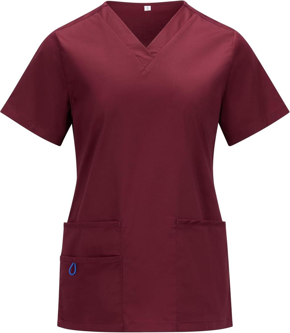 Women's V-Neck Scrub Top with 3 Pockets  Comfortable, Durable, Stretch Medical Uniform (Red, XXL)