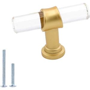 Goldenwarm 5 Pack Crystal Drawer Knobs Gold Cabinet Knobs Single Hole T Bar Lucite Acrylic Kitchen Hardware for Kitchen Cupboard Bathroom 2"/50MM Length, Matte Gold, 5