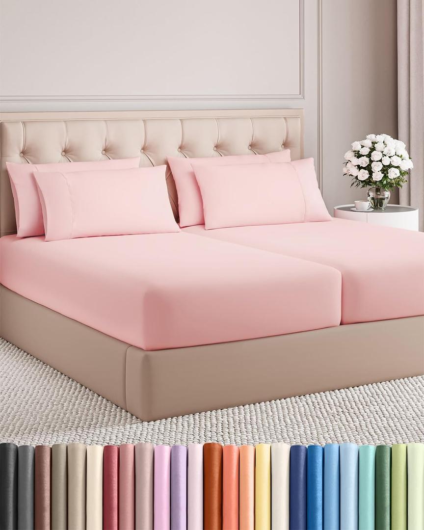 Split King 7 Piece Sheet Set - Comfy, Breathable & Cooling - Soft Hotel Luxury Bedding for Women, Men, Kids, Teens and Children - 1 Flat & 2 Fitted Sheets & 4 Pillowcases with Deep Pockets - Baby Pink