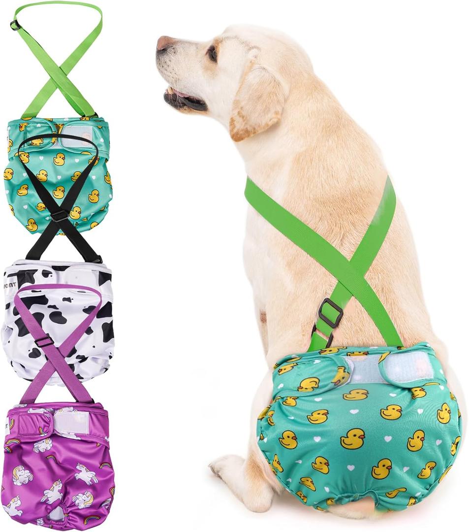 Avont 3 Pack Washable Female Dog Diaper with Suspender, Reusable Girl Doggie Diapers for Small Medium Large Doggy in Heat Cycle Period Incontinence (Green/White/Purple)