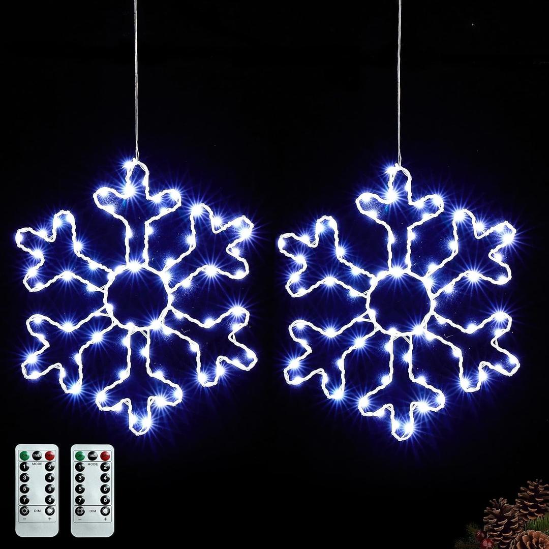 BlcTec 2 Pack Big Christmas Snowflakes Lights, 13 Inch Durable Metal Frame Snowflakes with Remote Control, 8 Modes, Timer, Waterproof Battery Operated Snowflake Lights for Christmas Party Decorations