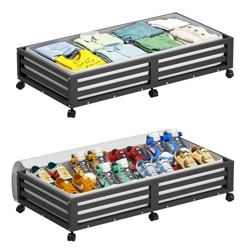 Wisuce Bamboo Under Bed Storage Containers- Underbed Organizer with Wheels with Large Dust Bag,Sturdy Wood Rolling Under the Bed Shoe Storage Organizer Drawer 2 Packs (Black, Long)