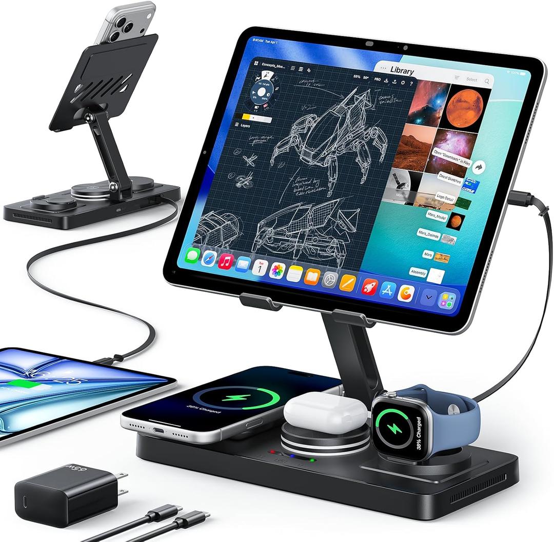 5 in 1 Charging Station for Apple Multiple Devices &65W Adapter, 30W Max Bulit-in Retractable Cable Fast Wired Charging Stand for iPad/Tab, Foldable Magnetic Wireless Charger for iPhone 17/iWatch/Buds