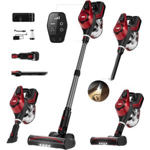 Cordless Vacuum Cleaner, 30Kpa Home Stick Vacuum, Smart Display & 1.5L Dust Cup, 55mins Max Runtime, Rechargeable Lightweight Handheld Vavuum for Pet Hair/Carpet/Hardwood Floor/Car (Red)