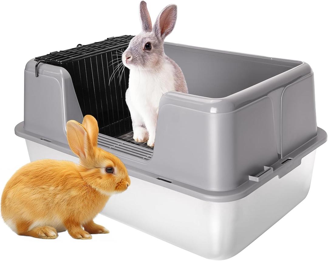 XXXL Rabbit Litter Box, 23.6" L x 15.7" W x 12.4" H Stainless Steel Rabbit Litter Box with Lid, Hay Feeder with Hooks, Footed Metal Grid, Easy to Clean for Medium and Large Rabbits