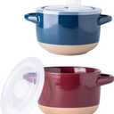 AmorArc 24 Ounces Soup Bowls with Large Handles and Lids, Stoneware Bowls Set of 2 for Soup, Cereal, Stew, Noodle, Colourful Ceramic Kitchen Bowls, Microwave&Dishwasher Safe, Blue&Red