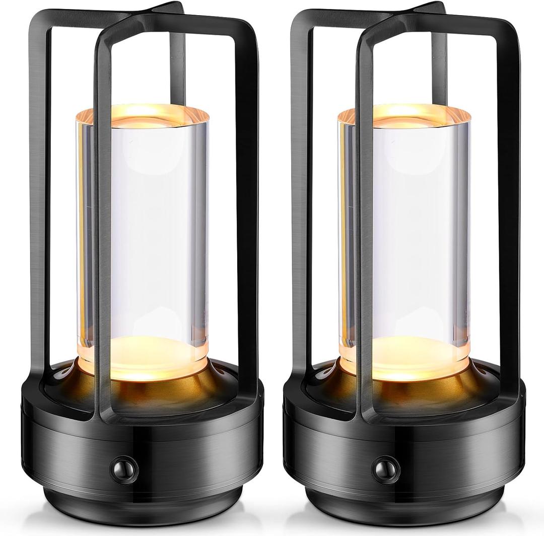 Honoson 2 Packs Portable Metal Table Lamp Rechargeable Cordless Table Lamp for Indoor Outdoor 3 Colors Stepless Dimming Desk for Bedroom Restaurant Bar Camping(Black)