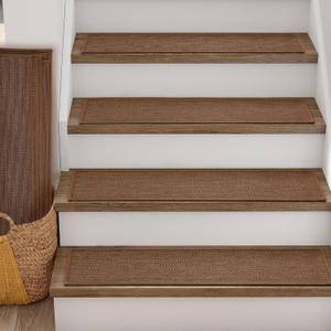 RIOLAND Carpet Stair Treads for Wooden Steps Indoor 9" x 36" Non Slip Stair Runner for Wood Stair Peel and Stick Stair Rugs for Kids Elders and Dogs, Brown 15 Pack