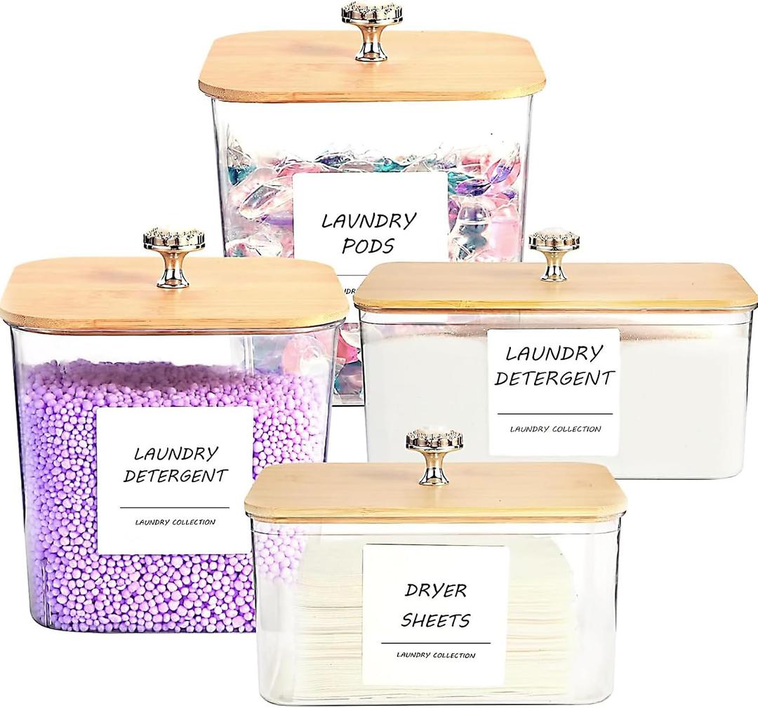 4 Pack Laundry Room Organization Storage Containers, Plastic Clear Laundry Pods Container & Dryer Sheet Holder Jars with Lids, Scoops & Labels for Detergent, Powder, Dryer Balls, Beads