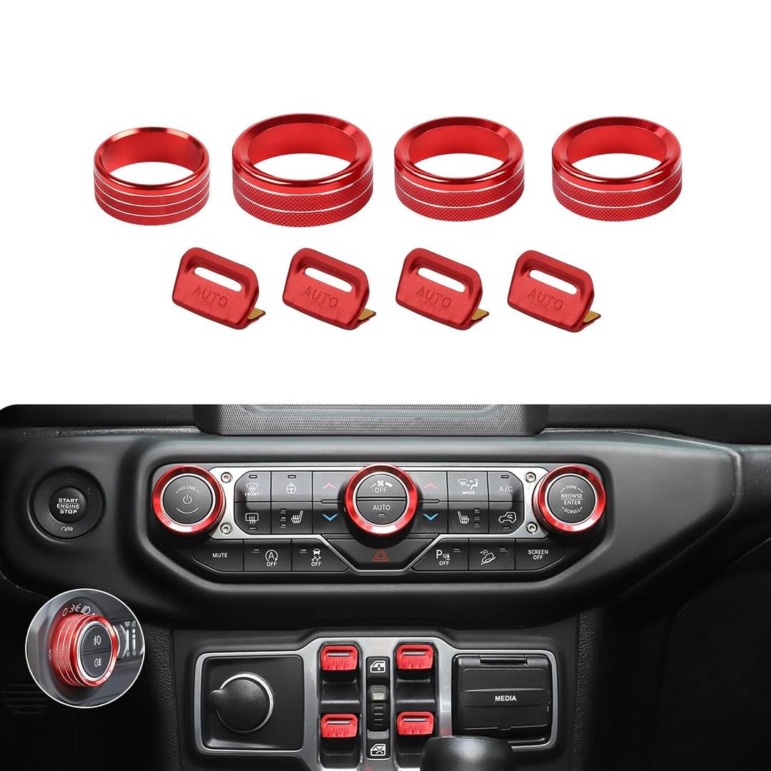 JeCar JL Switch Button Covers Window Control Air Conditioner Headlight Volume Radio Knob Trims Interior Accessories Compatible with Jeep Wrangler JL JLU 2018-2024 & Gladiator JT 2020-2024, Red