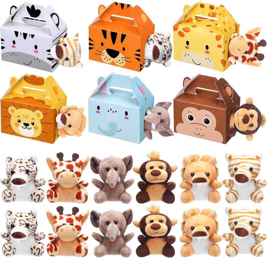 12 Pcs Safari Jungle Themed Favors Boxes with 12 Pcs Mini Plush Set Safari Treat Boxes Foldable Gift Stuffed Animal for Birthday Party Supplies Decoration
