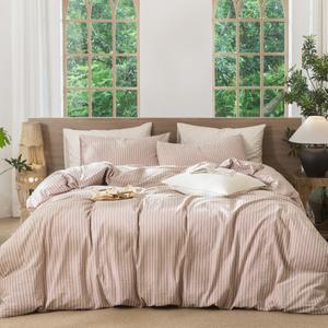 MooMee Striped Duvet Cover Set 100% Washed Cotton Linen Like Textured Breathable Durable Soft Comfy (Orange White Wide Stripes, Cal King 104"x98")
