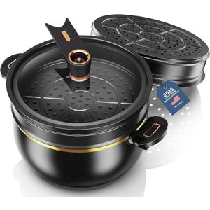 Nonstick Stockpot Casserole pot Hard Anodized with Glass Lid and Steamer, 8 Quart Pressure Cooker Soup Pot Deep Cookware for Pasta, Soup, Spaghetti, Induction Compatible (FZ1)
