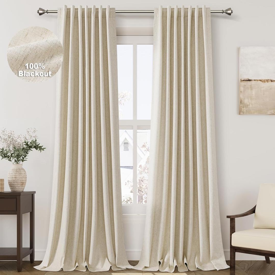 Beige Blackout Linen Curtains 92 inch Length 2 Panels for Living Room Oatmeal Pleated Black Out Drapes Farmhouse Rustic Room Darkening Total Blackout Window Curtain Panels Bedroom 92 inches Long