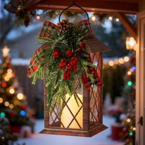 Christmas Solar Lanterns Outdoor Waterproof, 13" Outdoor Solar Powered Lantern with Flickering LED Candle, Christmas Hanging Lantern Decorations for Porch Patio Garden Balcony Pathway, 1 Pack