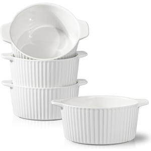 Ramekins with Handle 4 Pack Soup Bowls for French Onion Soup Pot Pie Lava Cakes Creme Brulee Dishes 28 Oz Ceramic Souffle Dish for Baking White