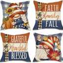 Fahrendom Thanksgiving Gnome Decorative Throw Pillow Covers 18 x 18 Set of 4, Grateful Thankful Blessed Porch Patio Outdoor Pillowcase, Faith Family Fall Autumn Plaid Farmhouse Cushion Case Home Decor