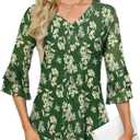 Rapbin Women Dressy Blouse 3/4 Sleeve Tiered Bell Sleeve Double Layers Mesh Shirt Trendy Flowy Tunic (Medium, A2 Green Yellow Floral)