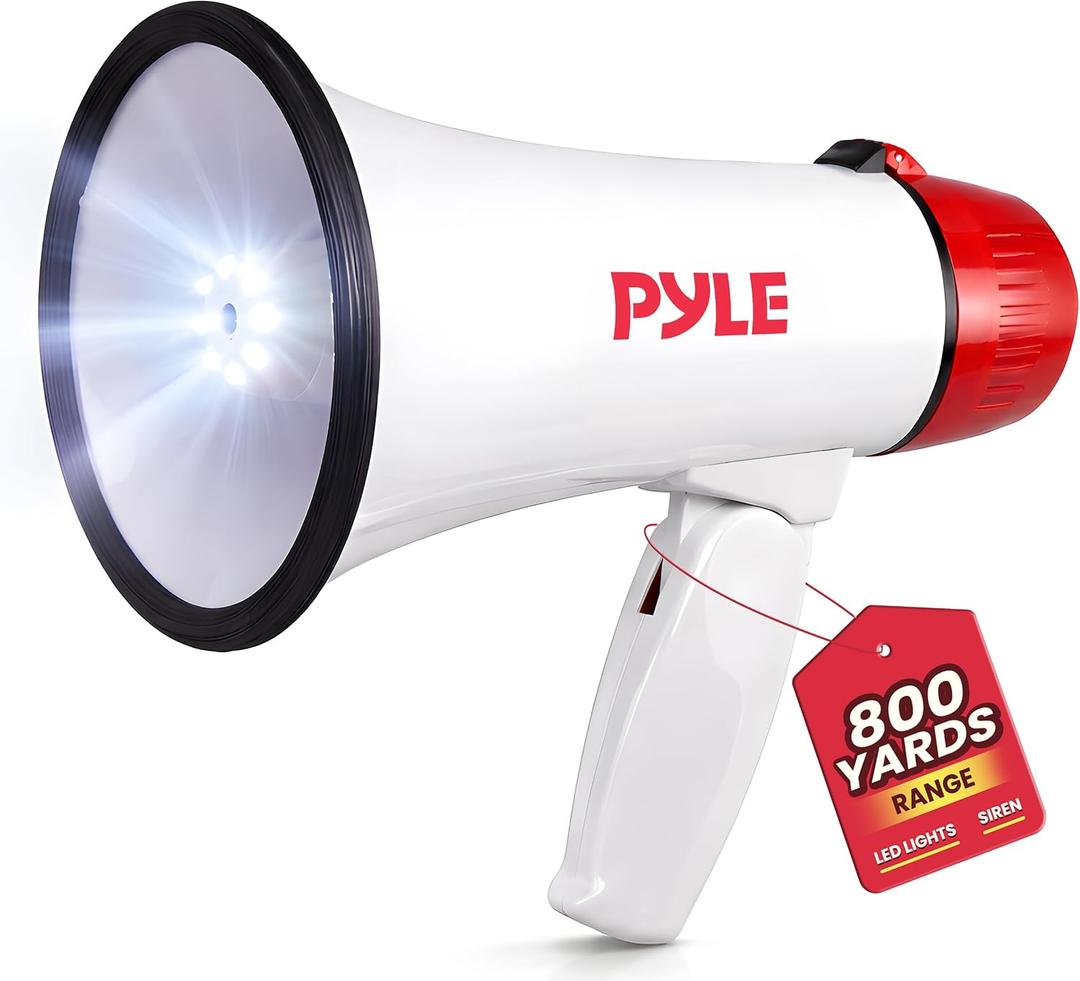 Pyle 30W Megaphone Bullhorn with Built-in Siren, LED Lights, Adjustable Volume Control, 800-Yard Range, Lightweight & Portable - Ideal for Football, Soccer, Baseball, Cheerleading & Safety Drills, Medium