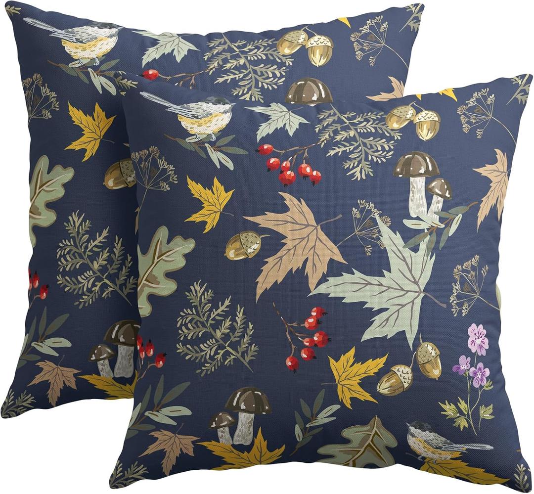 Bird Fall Pillow Covers 18x18 Set of 2 Navy Autumn Leaf Animal Print Pillow Cases Mushroom Acorns Pattern Outdoor Decorative Holiday Cushion Cover Rustic Decoration Farmhouse Home Sofa Couch Bed Decor